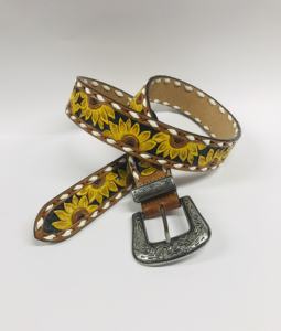Ceinture en cuir de vache véritable peinte à la main et sculptée à la main au design de tournesol occidental - Product Image 1