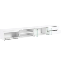 Meuble TV LED avec plateau en faux marbre, console multimédia avec portes en verre trempé, centre de divertissement blanc avec 2 tiroirs et armoires