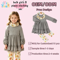 Ensemble 3 pièces pour enfants : Tunique en maille douce à ourlet volanté, Legging imprimé intégral, Écharpe bouclée – Couleur personnalisée, Vêtements pour filles en gros