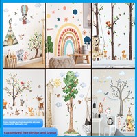 Autocollants muraux en aquarelle avec de grands arbres, animaux, montgolfières et arc-en-ciel, décorations murales pour la chambre des enfants