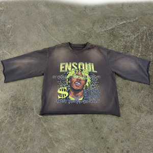 T-shirt <span class=keywords><strong>da</strong></span> uomo di lusso ES, personalizzata OEM, stampa DTG, grafica effetto sbiadito, cotone, manica lunga, orlo grezzo, streetwear - Product Image 1