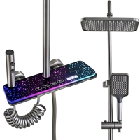 Mitigeur de douche LED rectangulaire chromé poli à poignée unique avec bouton numérique et jet de pluie massant pour appartement et hôtel