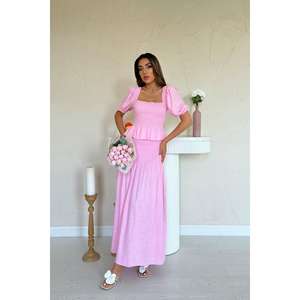 ชุดผ้าลินินสีชมพูขายส่ง ชุดเดรสสองชิ้นแขนสั้นสไตล์ Prairie Chic ระบายอากาศได้ดีสำหรับผู้หญิง - Product Image 5