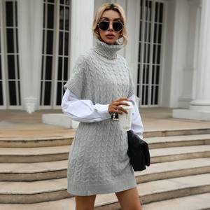 <span class=keywords><strong>Automne</strong></span> nouvelle couleur unie torsadé tricoté long gilet col haut <span class=keywords><strong>robe</strong></span> pull pour <span class=keywords><strong>Amazon</strong></span> station indépendante décontracté étranger - Product Image 3