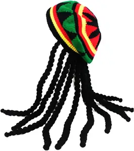 Jamaikalı şapka Dread kilit gibi uzun siyah saç Rasta peruk ile kap kostüm aksesuarı örme şapka