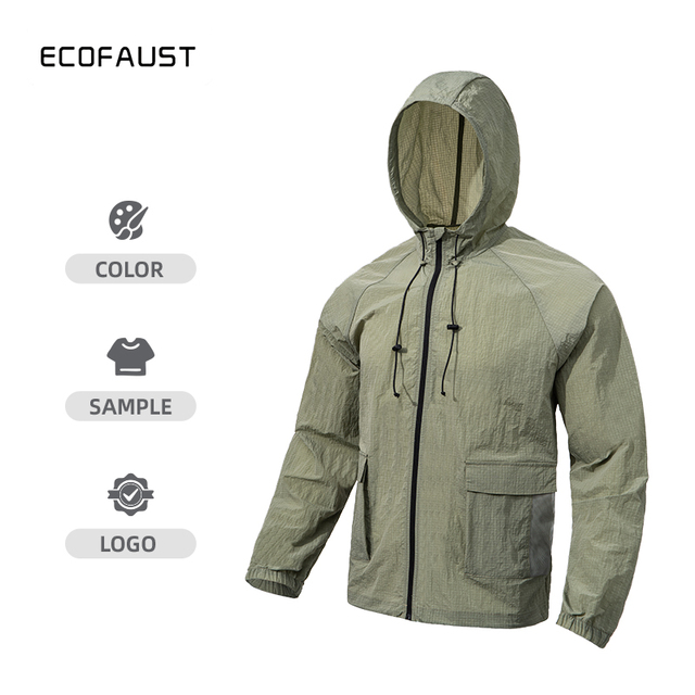 Custom Men's Casual Safari Jacket Waterproof Windbreaker Lightweight Active Crinkle Nylon Front Logo Outdoor