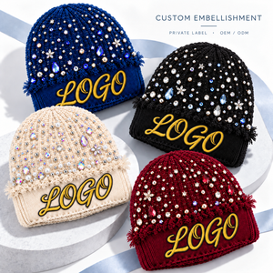 Bonnet tricoté chaud DYMF tendance avec strass et ourlet <span class=keywords><strong>d</strong></span>échiré, motif logo brodé personnalisé, casquette <span class=keywords><strong>d</strong></span>'hiver - Product Image 2