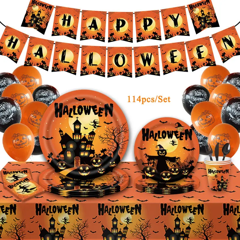 114pcs New Spooky Halloween Themed Tableware Set Cartoon Hollow Paper Plate Paper Cup Party Supply Decorations