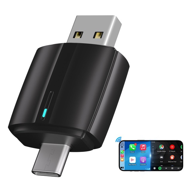 SYONG 2 in 1 Wireless CarPlay Android Auto Adapter for IPhone, Mini Size USB-A Type-C Plug Design, Car Audio & Video Plug & Play