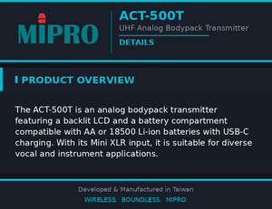 MIPRO Practical Diverse Application Bodypack With Mini XLR Analog Transmitter And Dual Battery Power For <b>Wireless</b> <b>Systems</b> - Product Image 5