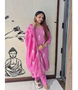 Elegante color rosa puro algodón tipo 3 piezas Kurti Set Dupatta diseñador indio traje elegante étnico fiesta desgaste hasta el suelo - Product Image 1