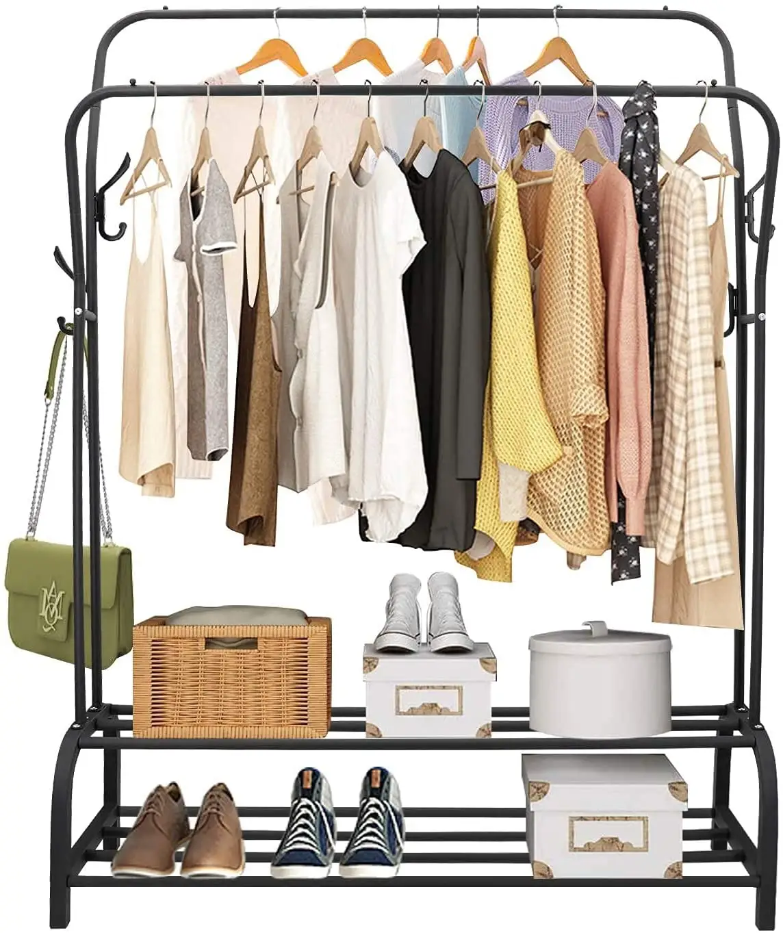 Heavy Duty Double-Rail Garment Rack 2 Tier Shoe Shelves Large Clothes Hanging Rack Clothing Organizer Indoor Bedroom Store