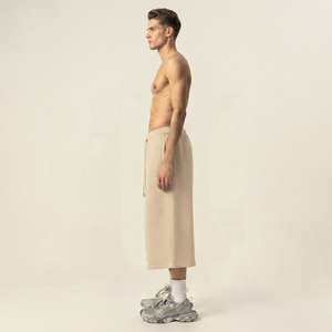 Shorts Jogger Homme Beige 100% Coton Toile Unie Écologique Anti-Plis Respirant Style Urbain Taille Mi-Haute avec Cordon de Serrage - Product Image 5