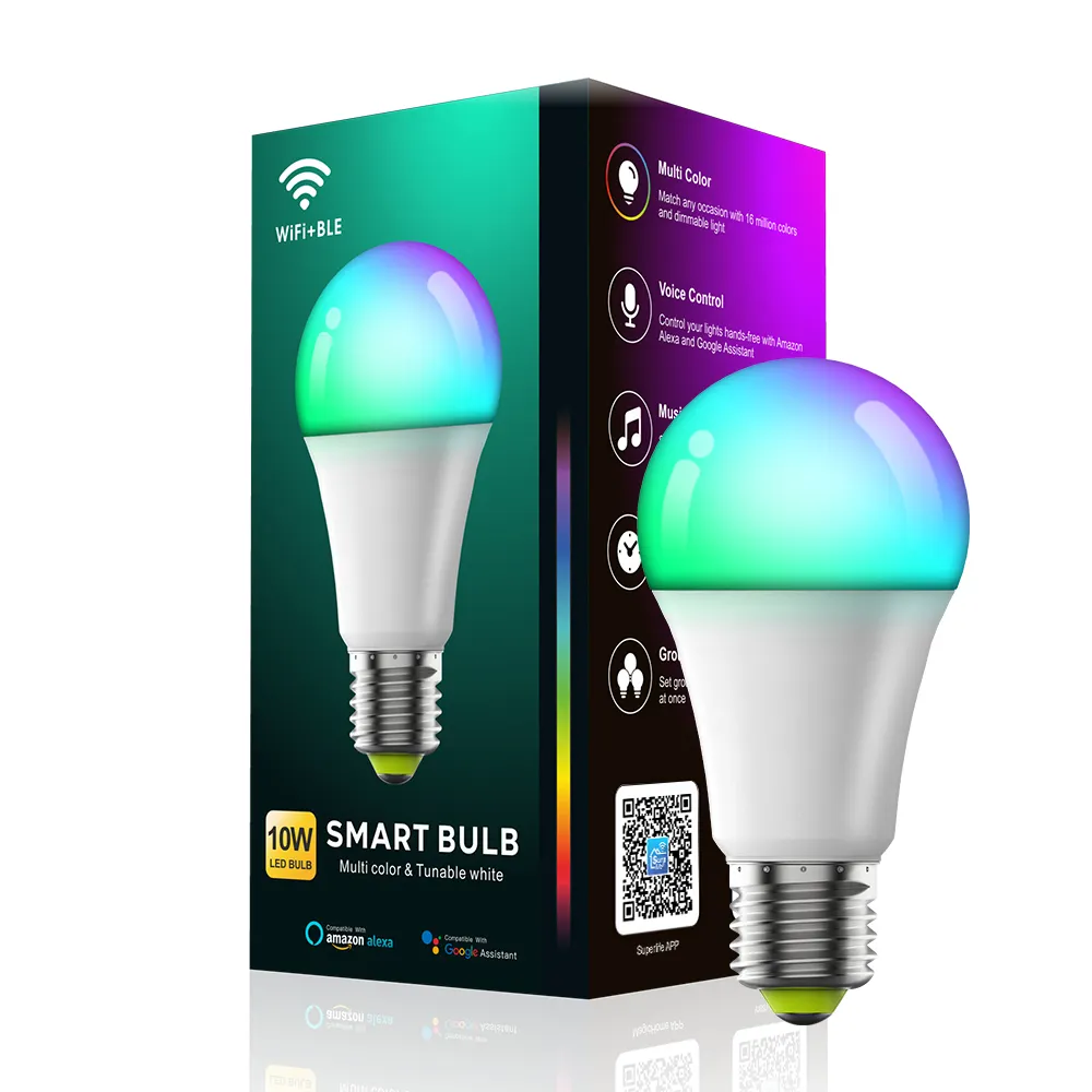 Alexa Tuya WIFI Control RGB Smart Wifi Lighting 10W E27 Bulb Wireless App Control Adjustable Smart Led Bulbs