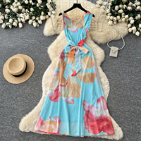 Robes maxi sans manches à imprimé floral pour femmes, col bénitier, taille cintrée, robe élégante pour les vacances, robe de plage d'été