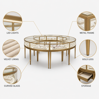Vitrine de présentation de bijoux ronde multi-faces sur mesure avec cadre métallique, éclairage LED, vente en gros directe usine