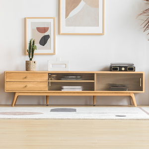 H9081 Living room TV cabinet with 2 drawer and 2 sliding glass doors storage space solid oak wood TV cabinet modern TV stand