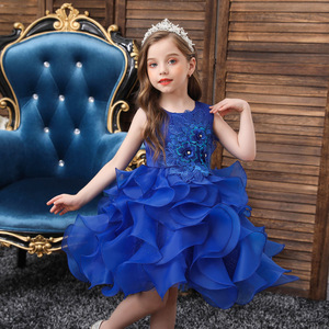 Robe de princesse pour enfants, en Organza bleu, coupe trapèze, col rond, robe de fête d'anniversaire pour filles, pour petites filles - Product Image 1