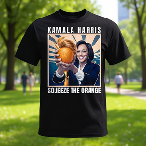 T-shirt unisexe Kamala Harris Squeeze The Orange, à manches courtes, col rond, impression numérique, vêtements promotionnels - Product Image 3