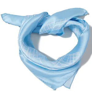 Pure Silk Scarf Square Bandana Hand Rolled 21 Inches Sky Blue Printed Satin Pochette Beautiful Accessory