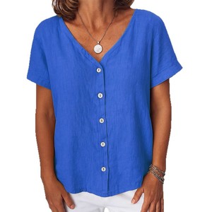 Nueva Blusa Cárdigan <span class=keywords><strong>de</strong></span> Poliéster <span class=keywords><strong>para</strong></span> Mujer, Estilo Casual <span class=keywords><strong>de</strong></span> Verano, Manga Corta, Cuello en V, con Botones, Color Sólido, Colección 2025 - Product Image 5
