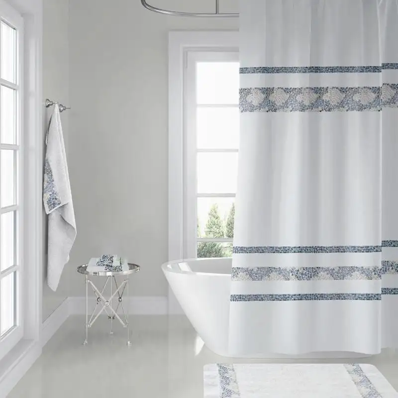 Luxury White 100% Polyester Bathroom Shower Curtain Sets With Cotton Towels And Rugs