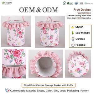 Cesta de Almacenamiento Redonda de Lona con Estampado Floral, <span class=keywords><strong>Gran</strong></span> Capacidad, con Volantes y Asas, Forro de EVA, para Cuarto de Niñas, Lavandería, Personalizable - Product Image 2