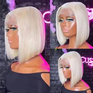 Perruques Bob Blond Platine Gris Argenté 13x4 Lace Frontal Cheveux Humains pour Femmes Lisses et Soyeux Coupe Droite Blanche Blonde - Product Image 2