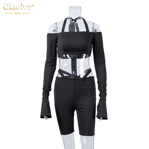 Clacive 2020 de moda de manga larga corsé Halter Tops <span class=keywords><strong>Biker</strong></span> corto negro las mujeres 2 piezas conjunto Sexy - Product Image 4