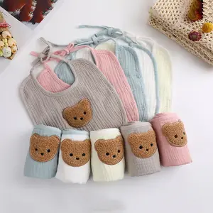 Chăn Gối Vải Ợ Cotton Cho Em Bé Sơ Sinh Gấu Dễ Thương Khăn Lau Nước Bọt Cotton Muslin 4 Lớp Tạp Dề Cho Ăn Bộ Yếm Cho Em Bé