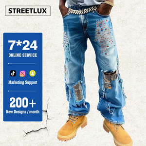 StreetLux personnalisé streetwear pantalones de hombre grande taille homme hommes jeans pantalon évasé strass rip baggy jeans - Product Image 1