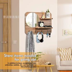 Étagère murale en bois avec miroir et crochets pour entrée, chambre, salon, organisateur multi-usages - Product Image 4
