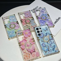 Casing Ponsel Mewah Untuk Samsung S25 Ultra S24 FE S23 S22 Plus S21 Lukisan Minyak 3D Kupu-kupu Bunga Cincin Penyangga Penutup Belakang