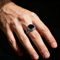 Kaanjewelry 925 Sterling Silber Siegelring für Herren mit ovalem schwarzem Onyx-Stein und griechischem Muster, graviert, edler Silberschmuck