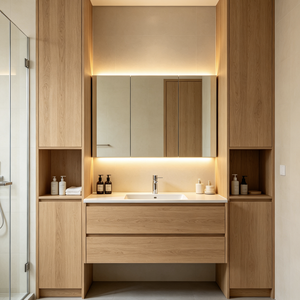 Mueble de Baño Minimalista de Cerámica con Acabado Madera, Prefabricado, Montado en la Pared, con Espejo y Almacenamiento, para Uso Residencial y Hotelero - Product Image 1