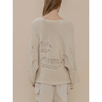Pull en coton 100% 3GG à manches chauve-souris et col bateau pour femme, pull déchiré décontracté à col rond pour femme