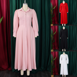 D570 أزياء أنيقة فساتين غير رسمية للنساء الصيف لون واحد أكمام طويلة خط قميص طويل فستان السيدات فستان مكتب للنساء - Product Image 2