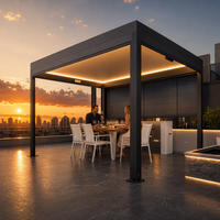Pergola bioclimatique motorisée en aluminium thermolaqué, éco-responsable, inspirée de la nature, dimensions personnalisables, cuisine extérieure
