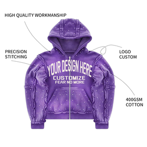 Sweat à capuche zippé en coton épais 100 % écologique pour homme, style streetwear oversize en molleton bouclette avec strass et patchwork, coupe carrée, OEM - Product Image 2