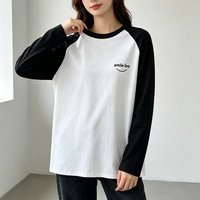 Camiseta Casual Básica de Algodón para Mujer, Manga Larga, Cuello Redondo, Color Negro y Blanco en Contraste, con Logotipo Bordado Personalizado al por Mayor