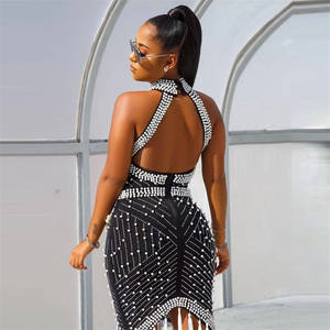 Vêtements pour femmes Tassel Bandage Dress <span class=keywords><strong>Fashion</strong></span> Sexy Backless Halter Sheath Dress - Product Image 2