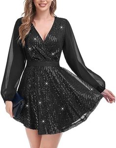 Sequin Loose Dress Party Long Sleeve Casual <b>Mini</b> Short <b>Mini</b> Dress Women Fashion - Product Image 1