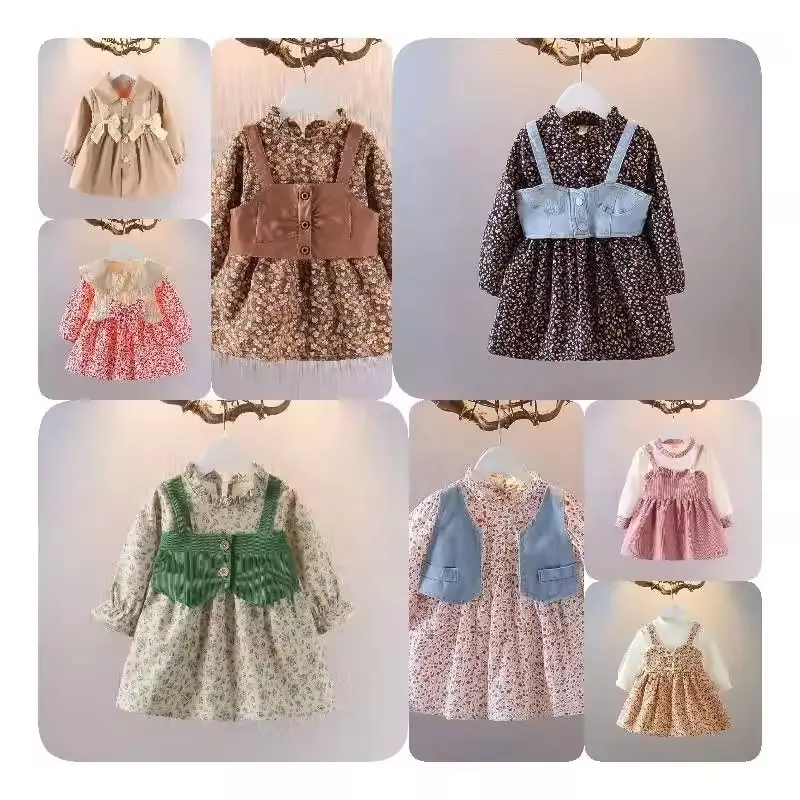 Sonbahar yeni kızların çiçek etek uzun kollu moda çocuk giyim pamuk bebek elbise