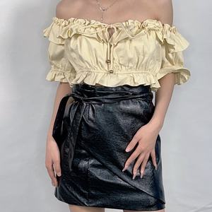 OEM Women's New Fashion Elastic <b>off</b> <b>Shoulder</b> Short Sleeve <b>Ruffle</b> Drawstring Crop <b>Top</b> Sexy <b>Top</b> Blouse - Product Image 4