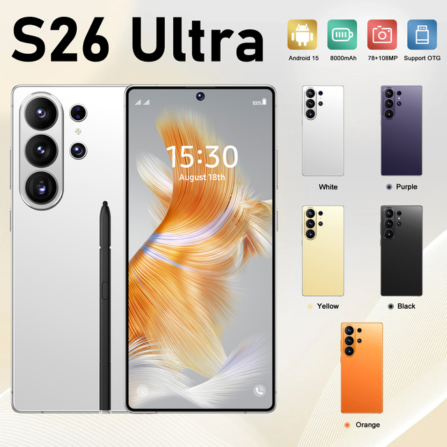 2026 S26 Wholesale Ultra 5G Smartphone Gaming Full Screen 16GB+1TB Storage Android Face ID Unlocked All Deca Core 144Hz French