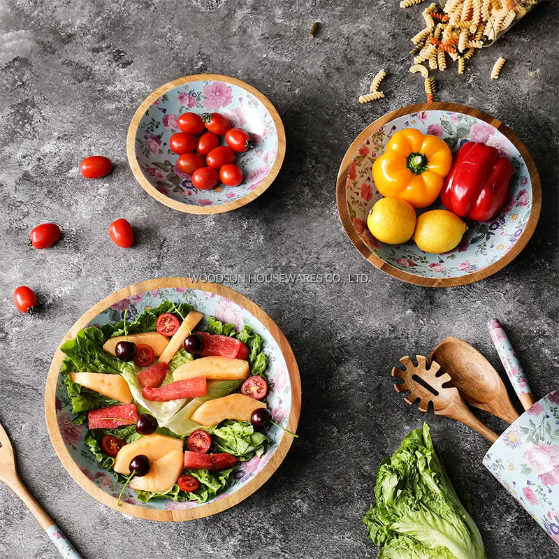 Woodsun Traditionnel Chinois Acacia En Bois Décalque Salade Bols À Mélanger Ensembles Ensaladera