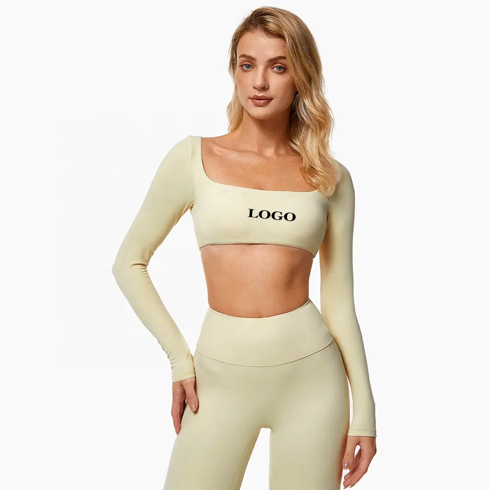 Square Neck Beige Custom Logo Yoga Wholesale Workout Gym Long Sleeve Active Sport Women Tops With Built In Bra