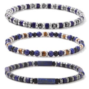 Juego de 3 Pulseras Elásticas Hechas a Mano con Cuentas de Piedras Preciosas Naturales de Lapislázuli, Estilo Bohemio Clásico, Unisex, para Regalo - Product Image 2