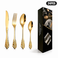 Ensemble de couverts en acier inoxydable 24 pièces avec manche doré vintage, boîte cadeau, pour hôtel, restaurant, mariage