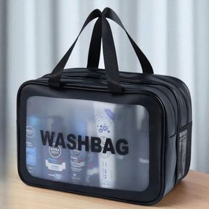 Sacs cosmétiques doublement transparents en PU écologiques, personnalisables, grands, imperméables, avec séparation humide-sèche, organisateur de maquillage de voyage, poignée souple - Product Image 1